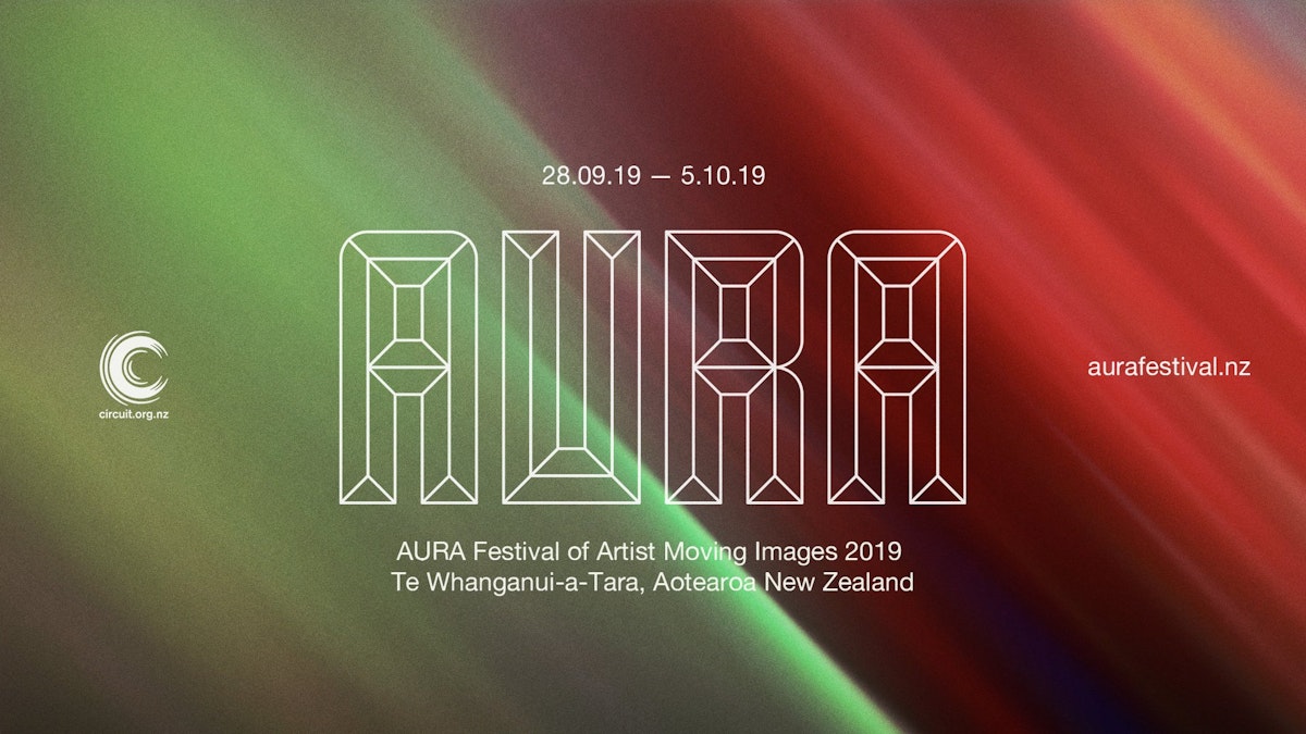 White text on a gradient background reads "AURA Festival of Artist Moving Images 2019, Te Whanganui-a-Tara, Aotearoa New Zealand"